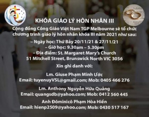 Cộng đồng Công Giáo Việt Nam TGP Melbourne Mở Lớp Giáo Lý Hôn Nhân Khóa III năm 2021